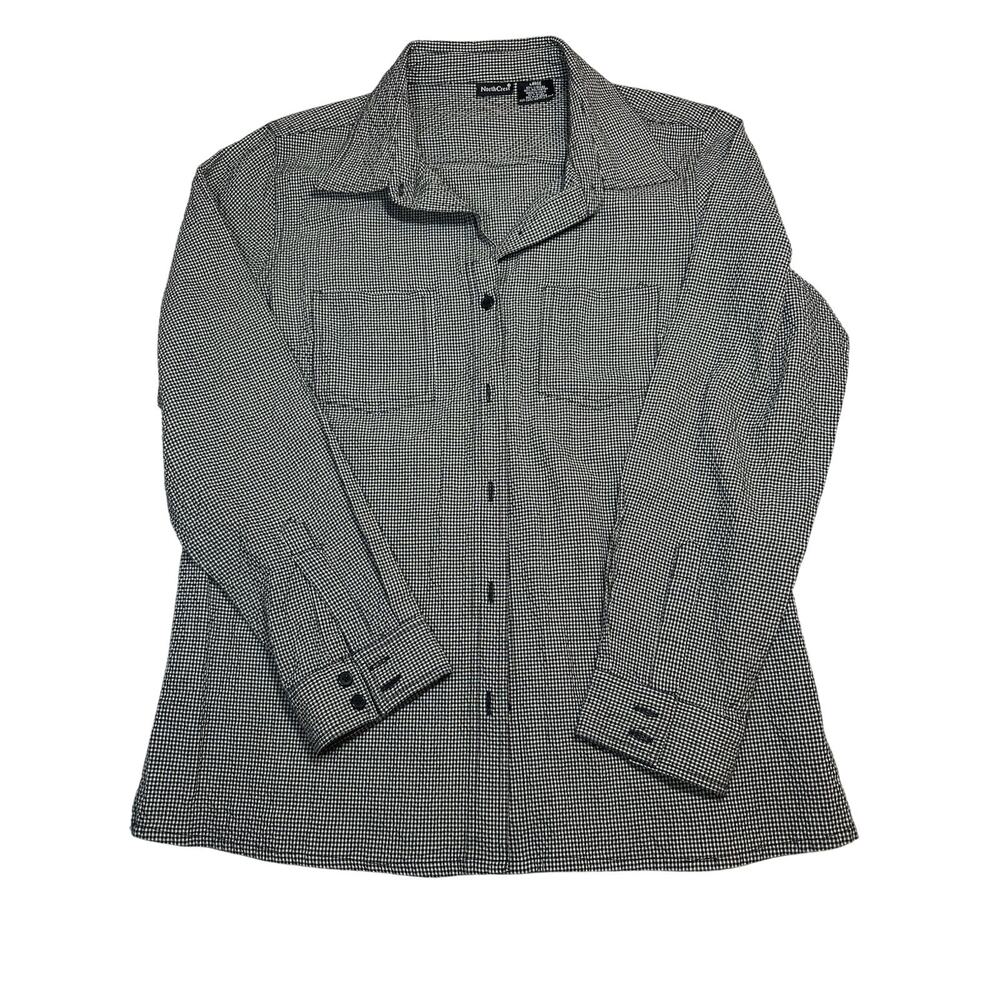 NorthCrest Womens Large Black White Gingham Button Up Shirt Long Sleeve